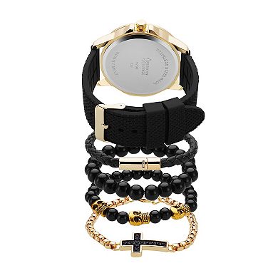 American Exchange Men's Black Silicone Strap Analog Watch & 4 Piece Stackable Bracelets Gift Set