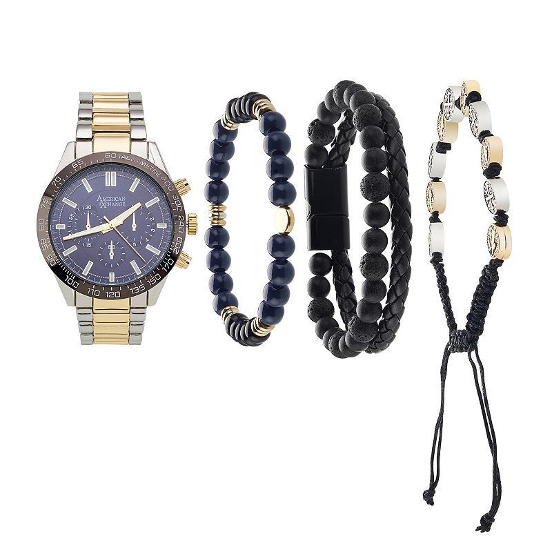American Exchange Men's Two Tone analog Watch & Stackable Bracelet Set, Size: Large, Gold And Silver