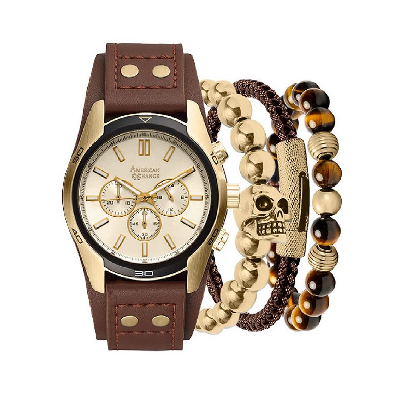 American Exchange Men's Brown Analog Watch & 3-pc. Stackable Bracelet Set, Size: Large