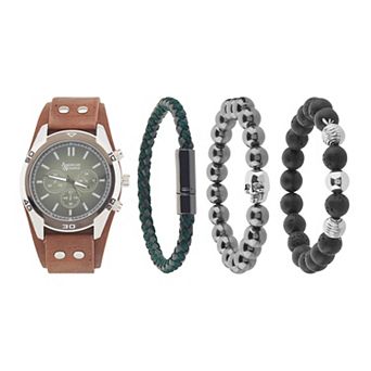 American Exchange Men's Cognac Faux Leather Strap Analog Watch & Stackable Bracelet Set