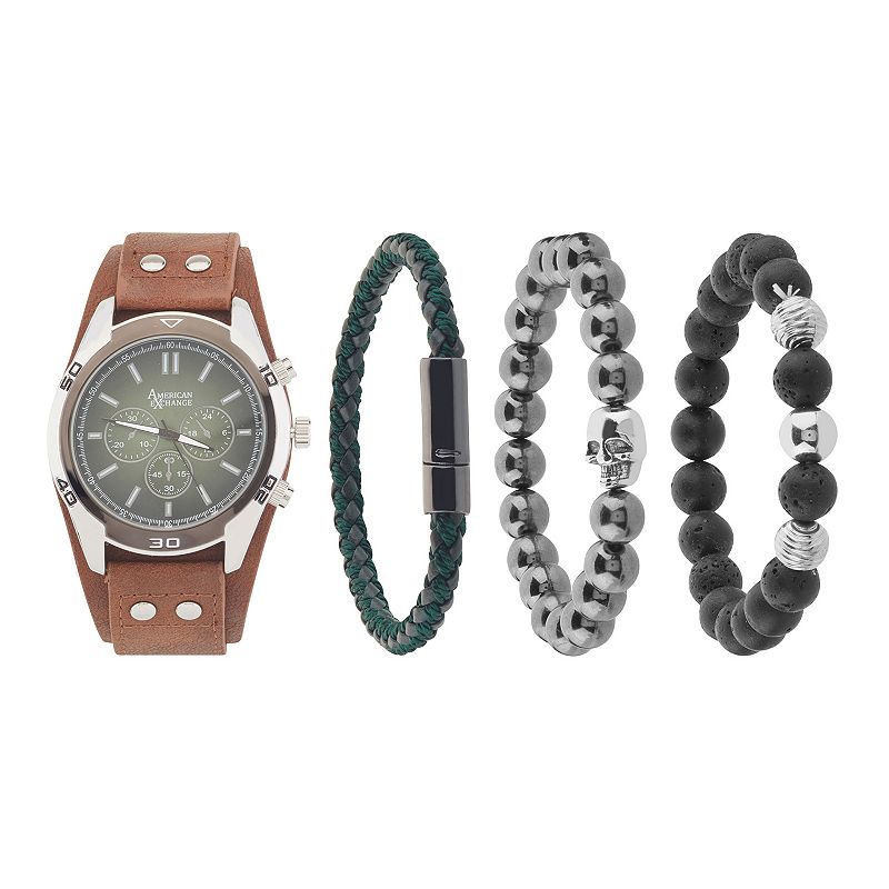 American Exchange Men's Cognac Faux Leather Strap Analog Watch & Stackable Bracelet Set, Size: Large, Brown