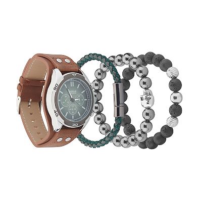 American Exchange Men's Cognac Faux Leather Strap Analog Watch & 3 Piece Stackable Bracelets Gift Set