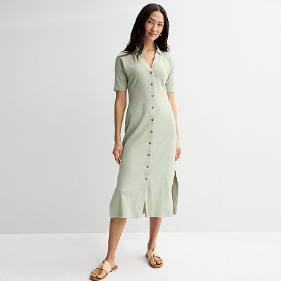 open lace back dress Light Blue Ribbed Knit Collared Button Front Dress
