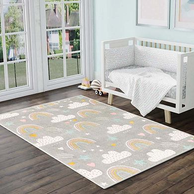 Unique Loom Rainbow, Stars, And Clouds Whimsy Kids Throw or Area Rug