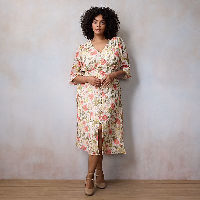 Ruffle Lauren Conrad Daisy Dress Plus Size LC Lauren Conrad V-Neck Button  Front Floral Midi Dress