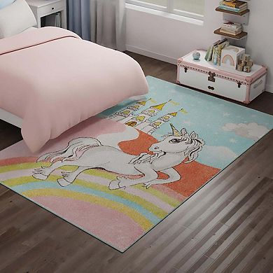 Unique Loom Jolly Unicorn Whimsy Kids Throw or Area Rug