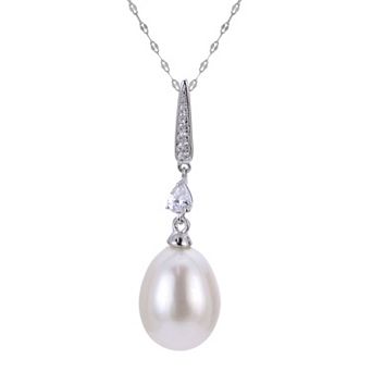 PearLustre by Imperial Sterling Silver Freshwater Cultured Pearl & White Topaz Pendant Necklace
