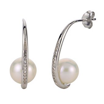 PearLustre by Imperial Sterling Silver Freshwater Cultured Pearl & White Topaz Hoop Earrings