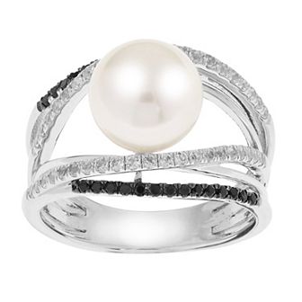 PearLustre by Imperial Sterling Silver Freshwater Cultured Pearl, White Topaz & Black Spinel Split Band Ring
