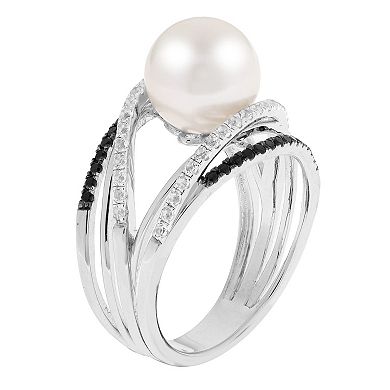 PearLustre by Imperial Sterling Silver Freshwater Cultured Pearl, White Topaz & Black Spinel Split Band Ring