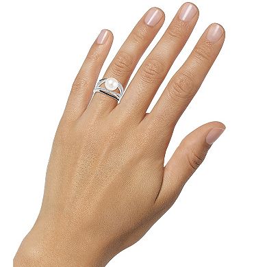 PearLustre by Imperial Sterling Silver Freshwater Cultured Pearl, White Topaz & Black Spinel Split Band Ring