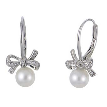 PearLustre by Imperial Sterling Silver Freshwater Cultured Pearl Lab-Created White Sapphire Bow Earrings