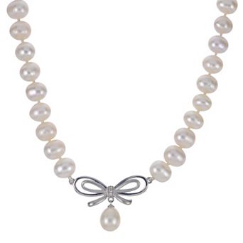 PearLustre by Imperial Sterling Silver Freshwater Cultured Pearl & Lab-Created White Sapphire Bow Necklace