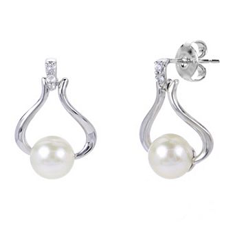 PearLustre by Imperial Sterling Silver Freshwater Cultured Pearl & Lab-Created White Sapphire Omega Doorknocker Earrings