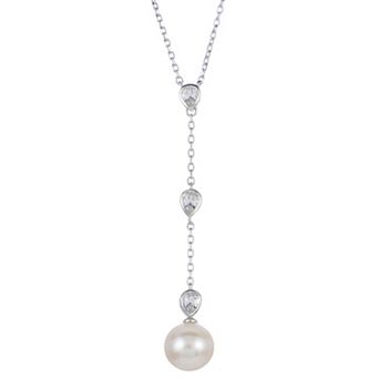 PearLustre by Imperial Sterling Silver Freshwater Cultured Pearl & Lab-Created White Sapphire "Y" Necklace