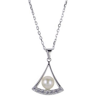 PearLustre by Imperial Sterling Silver Freshwater Cultured Pearl Lab-Created White Sapphire Fan Pendant Necklace