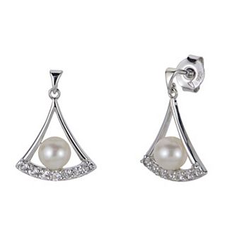 PearLustre by Imperial Sterling Silver Freshwater Cultured Pearl Lab-Created White Sapphire Fan Drop Earrings