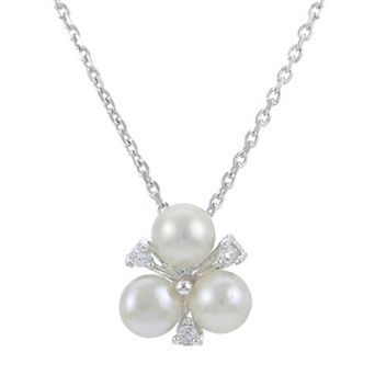 PearLustre by Imperial Sterling Silver Freshwater Cultured Pearl Lab-Created White Sapphire Clover Pendant Necklace