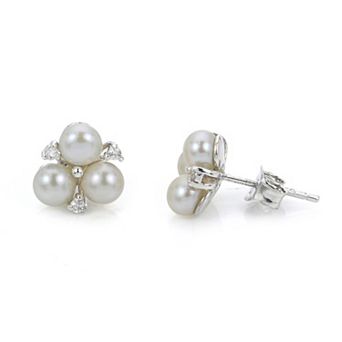 PearLustre by Imperial Sterling Silver Freshwater Cultured Pearl Lab-Created White Sapphire Clover Earrings