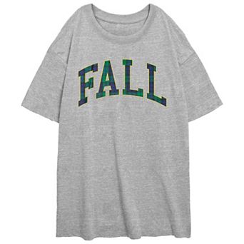 Juniors' Fall Plaid Font Oversized Graphic Tee
