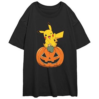 Juniors' Pokemon Pikachu Sitting On Pumpkin Oversized Graphic Tee