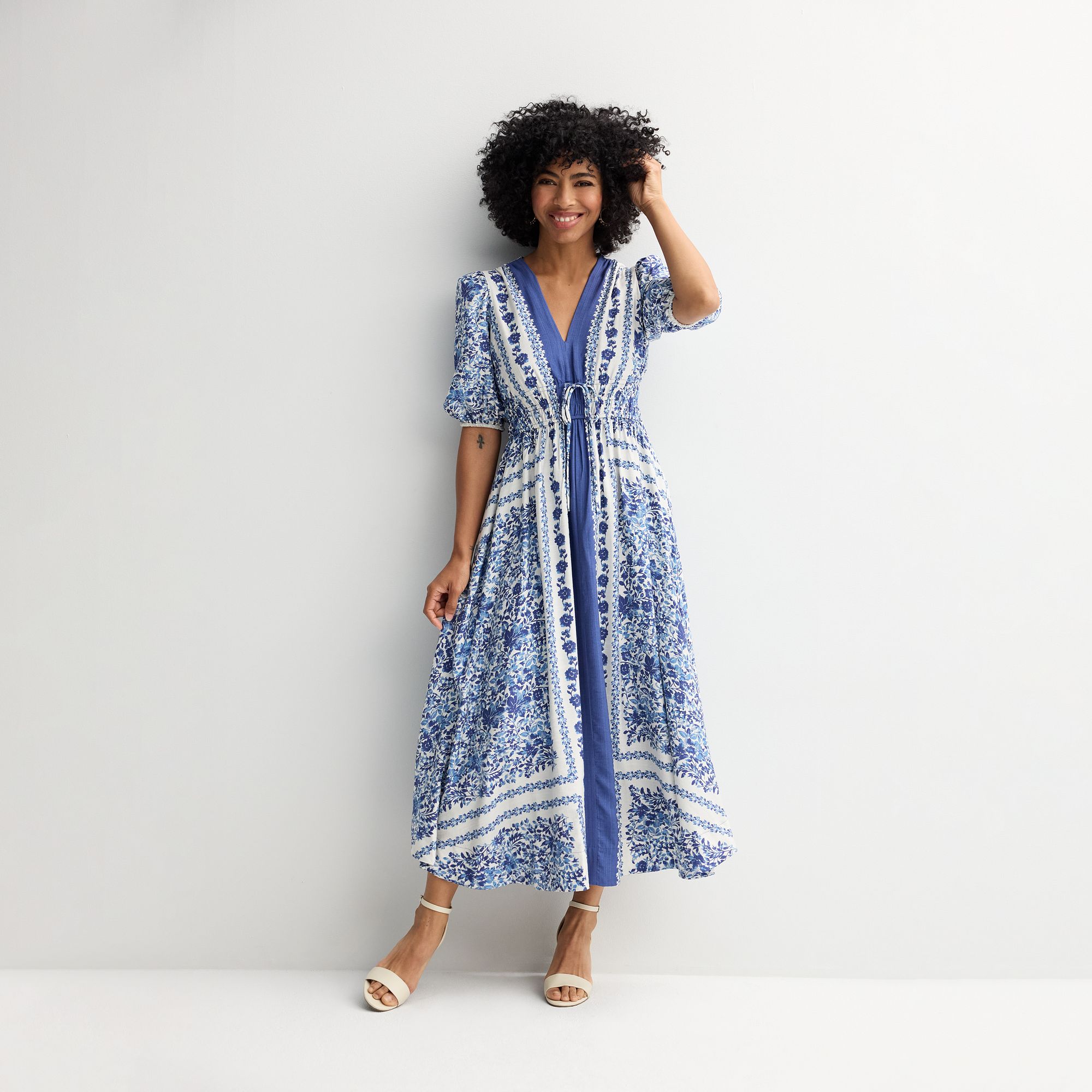 Womens Taylor Puff Sleeve Fit & Flare Maxi Dress, Size: 4, White Steel Blu