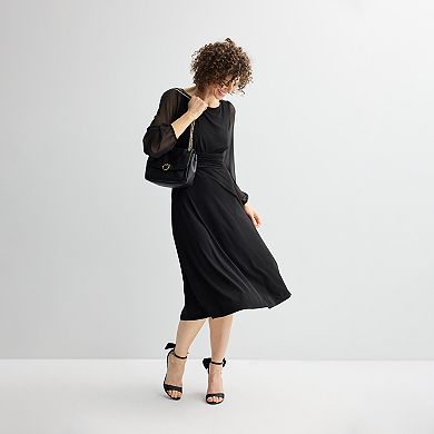 Women's Connected Apparel Rouched Waist And Sheer Sleeve Dress