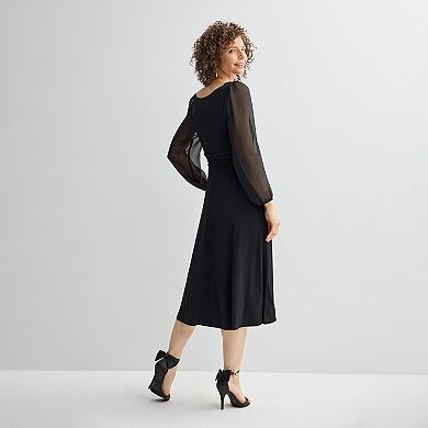Women's Connected Apparel Rouched Waist And Sheer Sleeve Dress