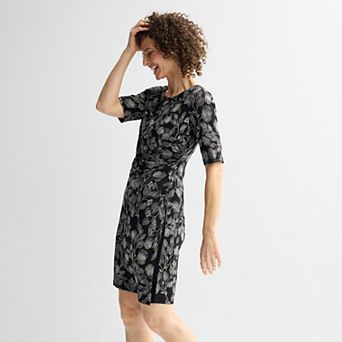 Women's Connected Apparel Crewneck Elbow Sleeve Faux Wrap Dress