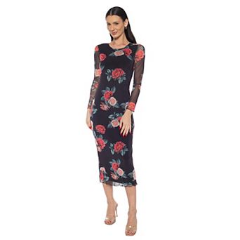 Women's bebe Long Sleeve Printed Mesh Midi Dress