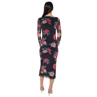 Women's bebe Long Sleeve Printed Mesh Midi Dress