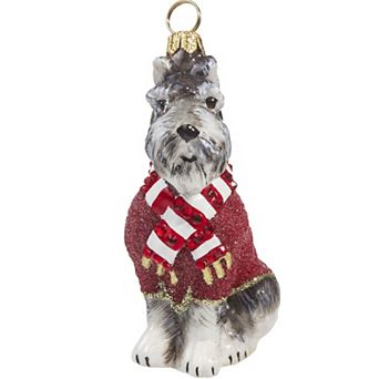 Joy To The World Grey Schnauzer In Red Sweater Polish Glass Christmas Ornament Pet Dog Poland