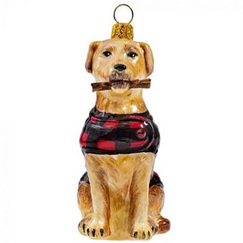 Joy To The World Yellow Labrador Retriever In Buffalo Check Coat Polish Glass Christmas Ornament