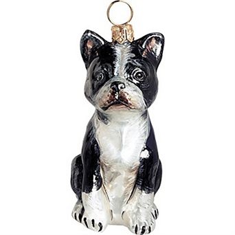 Joy To The World Boston Terrier Sitting Dog Blown Glass Polish Christmas Ornament Tree Decoration