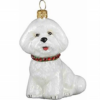 Joy To The World Bichon Frise With Red And Green Collar Polish Glass Christmas Tree Ornament
