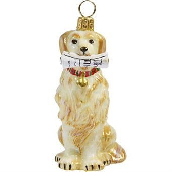 Joy To The World Golden Retriever With Newspaper Polish Glass Christmas Ornament Dog Pet