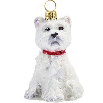 Joy To The World Snowy West Highland Terrier Westie Sitting Polish Glass Christmas Ornament Dog