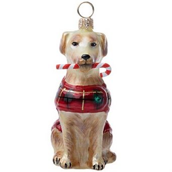 Joy To The World Yellow Lab With Candy Cane And Plaid Coat Polish Glass Ornament