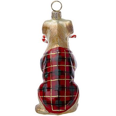 Joy To The World Yellow Lab With Candy Cane And Plaid Coat Polish Glass Ornament