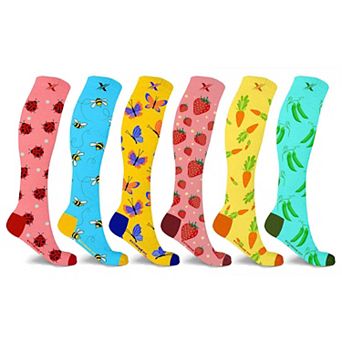 Nature And Fruity Prints Knee-high Compression Socks - 6 Pair