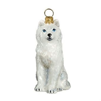 Joy To The World White Siberian Husky With Blue Eyes Dog Polish Blown Glass Christmas Ornament