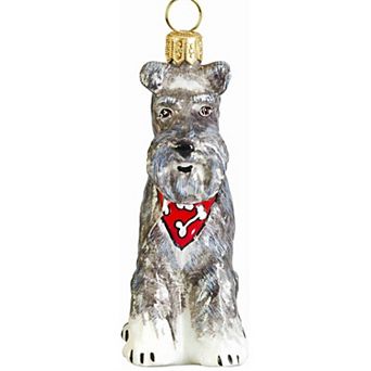 Joy To The World Floppy Ears Grey Schnauzer With Bandana Polish Glass Christmas Tree Ornament
