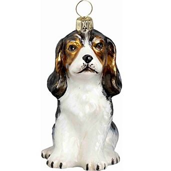 Joy To The World Tri Color Cavalier King Charles Spaniel Puppy Polish Glass Christmas Ornament