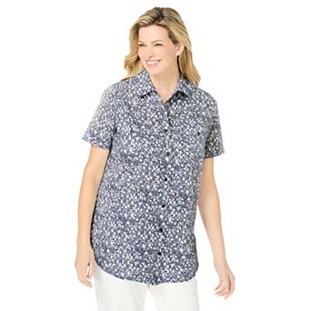 Woman Within Plus Size Short-Sleeve Cotton Campshirt
