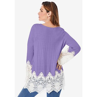 Roaman's Women's Plus Size Fine Gauge Lace Pullover Sweater