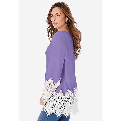 Roaman's Women's Plus Size Fine Gauge Lace Pullover Sweater