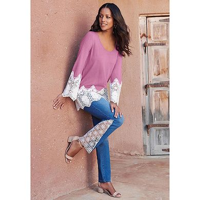 Roaman's Women's Plus Size Fine Gauge Lace Pullover Sweater