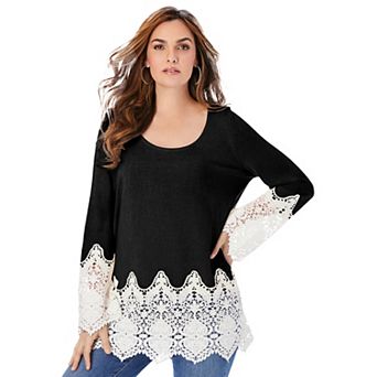 Roaman's Women's Plus Size Fine Gauge Lace Pullover Sweater