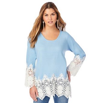 Roaman's Women's Plus Size Fine Gauge Lace Pullover Sweater