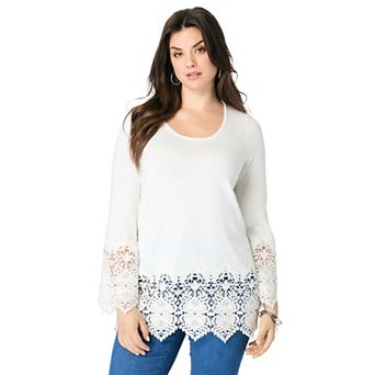 Roaman's Women's Plus Size Fine Gauge Lace Pullover Sweater